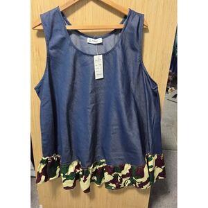 Lapogee Denim‎ Tank Top Camo Ruffle Hem Sleeveless Casual Blouse 3X